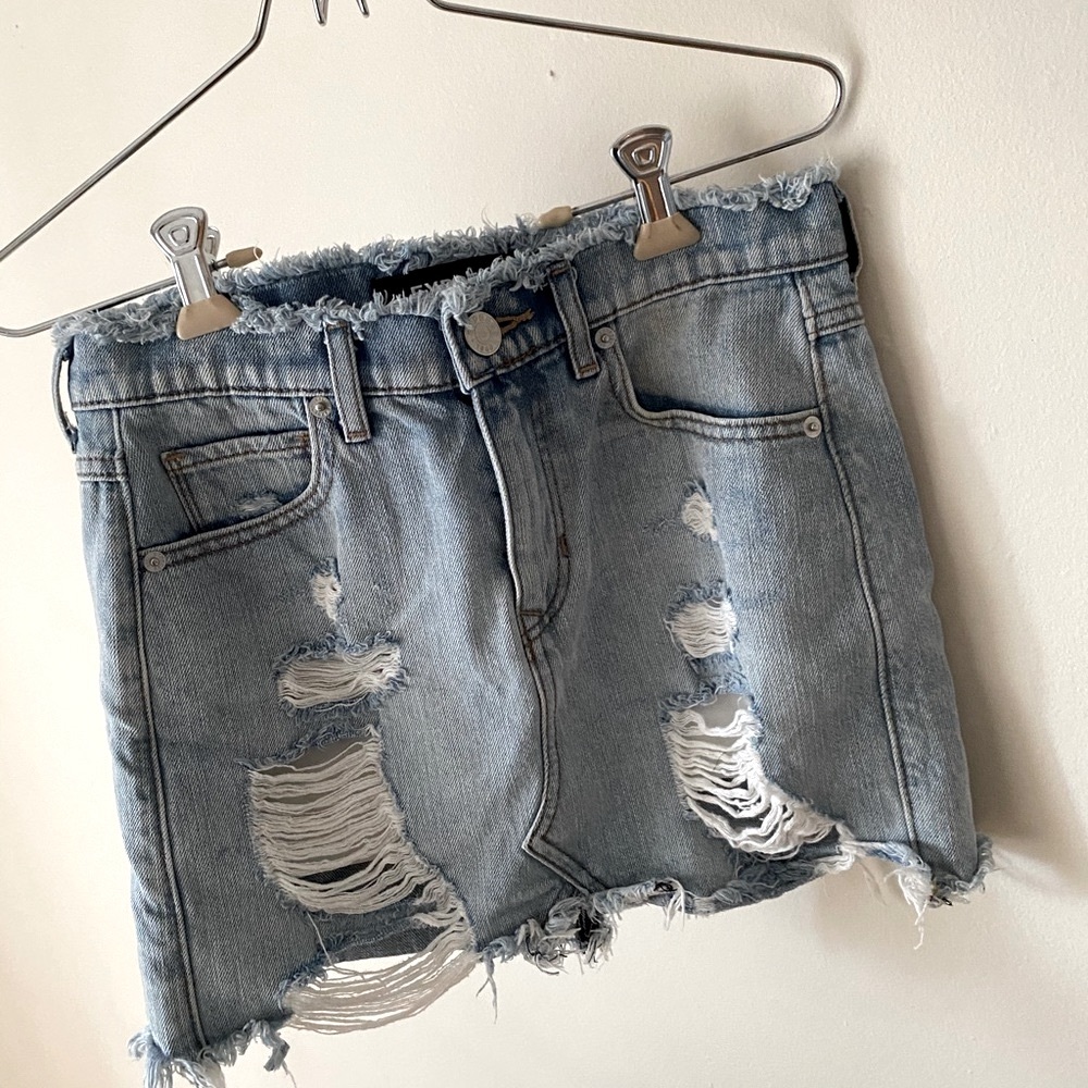 Express Distressed Denim Mini Skirt